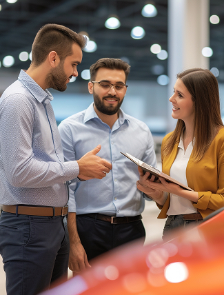 salesman-showing-keys-new-car-couple-auto-showroom-with-ai-generated 1